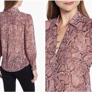 1.State Snakeskin Button Front Mauve Metallic Blouse Size XS